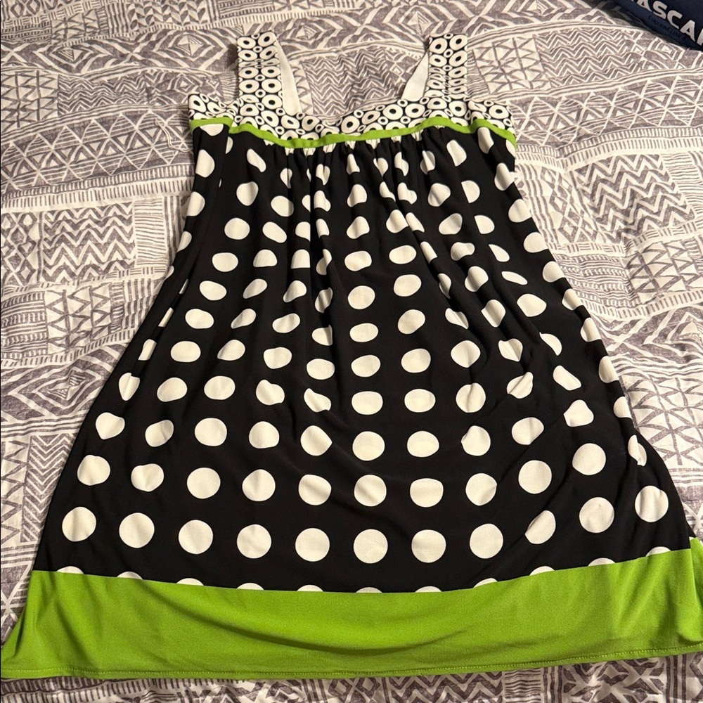 London Times Black and White Polka Dot Dress with Green Trim
